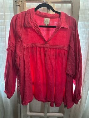 Shop the mint Women's Pink Gauze Peasant Top ballon sleeve lightweight beach vac